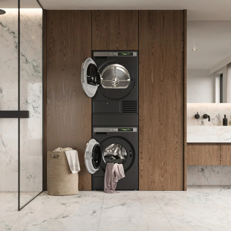 Стиральная и сушильная машина Asko Style Plus в колонну с выдвижной корзиной для белья комплект №1: W7096XG + T709HUG + HB150G